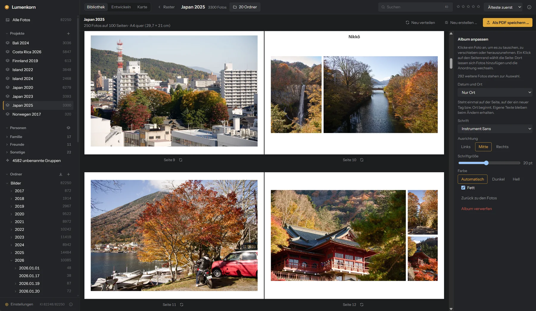 Fotoalbum mit Herbstfotos aus Japan, zwei Doppelseiten und die Schriftoptionen