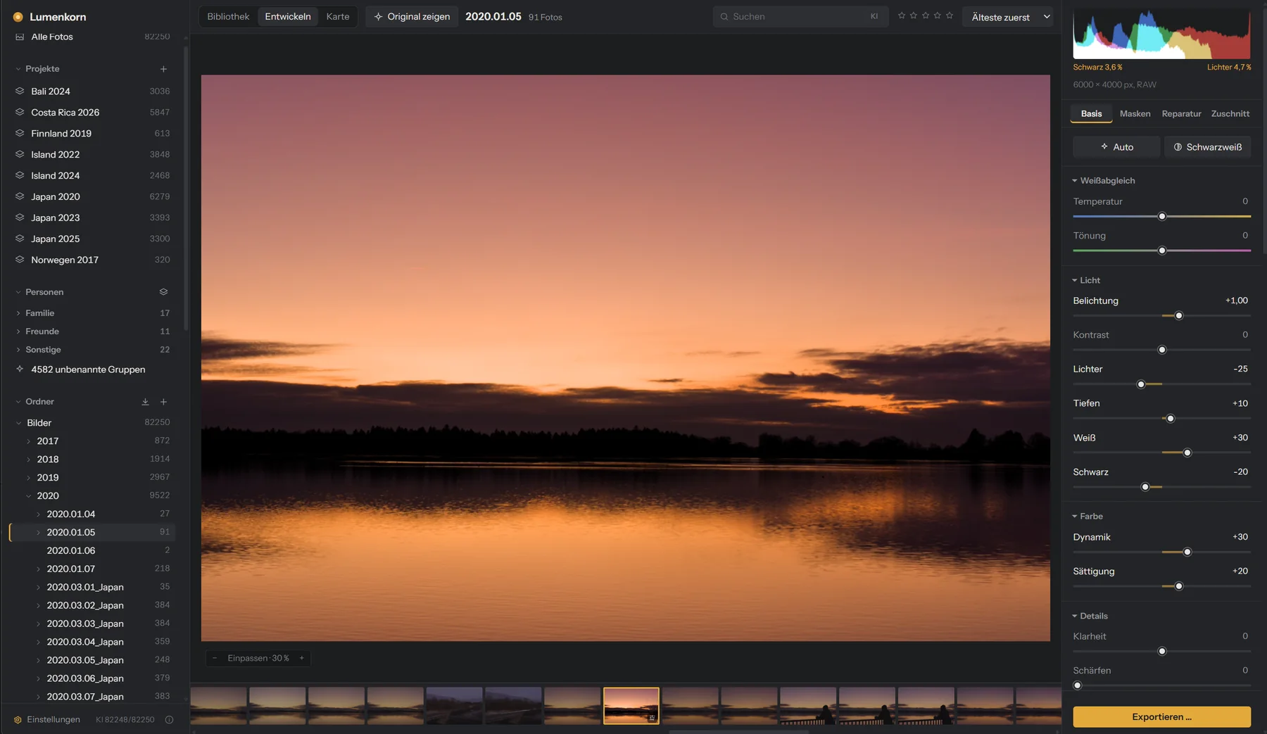 Entwickeln-Ansicht von Lumenkorn mit einem Sonnenuntergang über einem See und den Reglern für Weißabgleich, Licht und Farbe